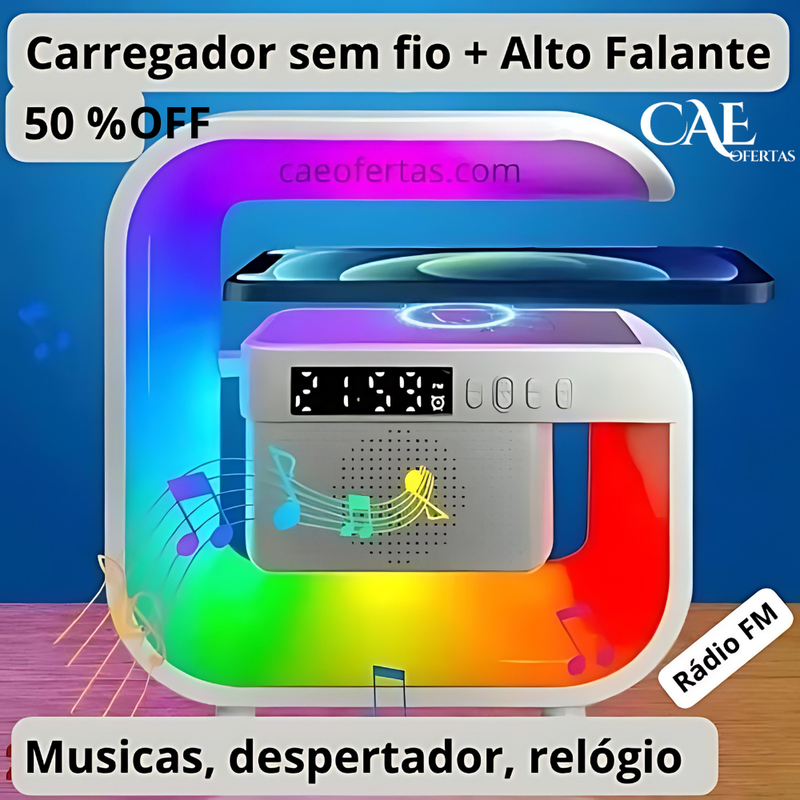 Carregador Sem Fio, Suporte, Alto-Falante, Luz Noturna e Muito Mais!