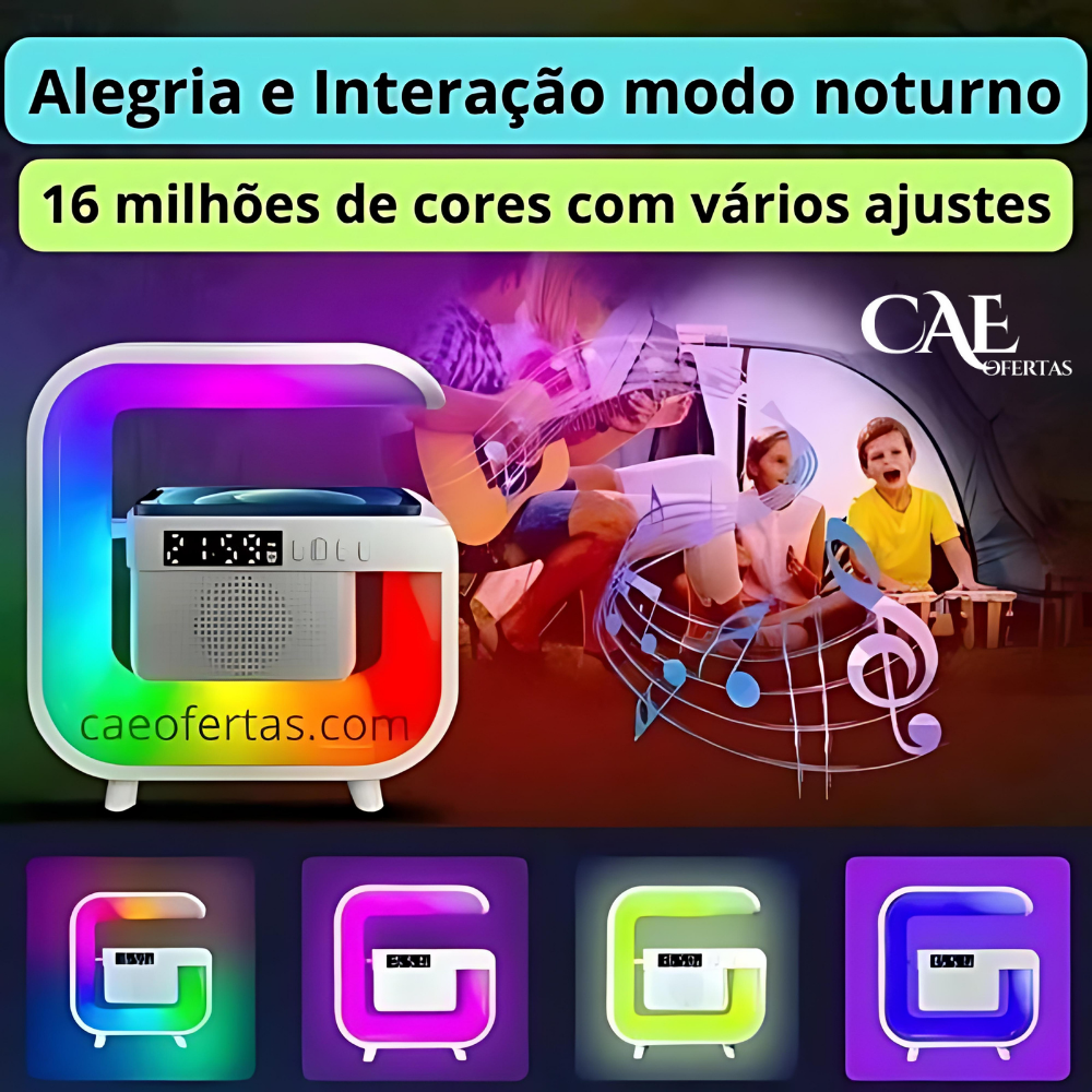 Carregador Sem Fio, Suporte, Alto-Falante, Luz Noturna e Muito Mais!