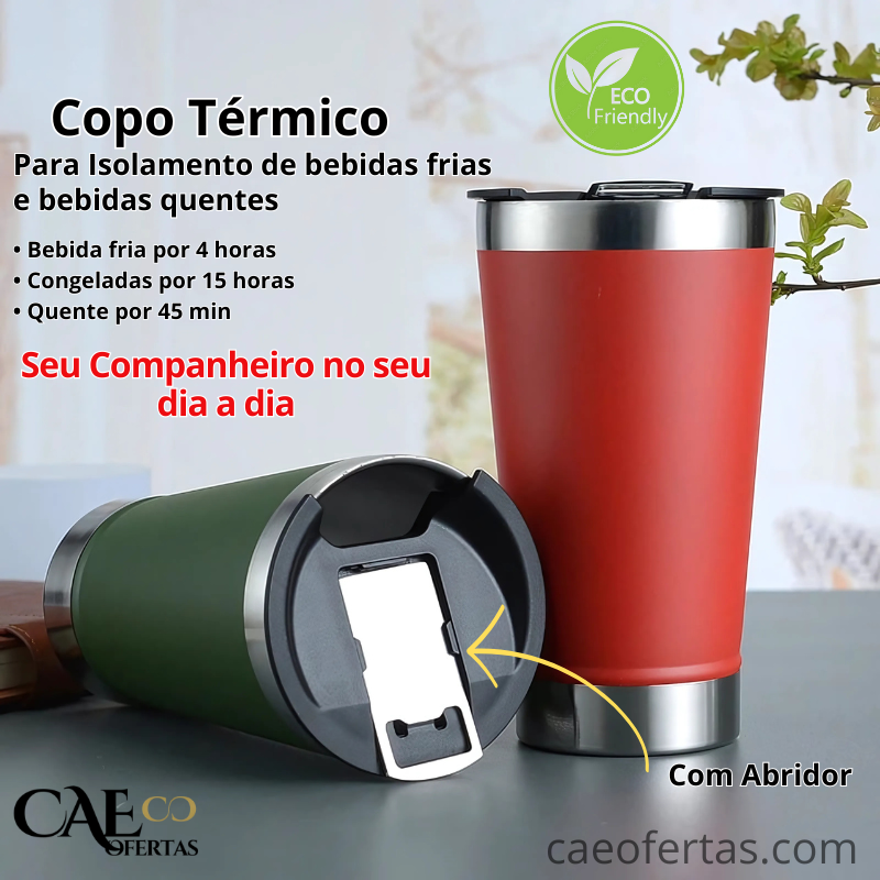 Copo Térmico Com Tampa e Abridor Inox - Aproveite sua bebida ao máximo !